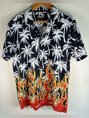 Randy River R2 Men’s Button Down Shirt Size L Flames Palm Trees RARE Vintage Y2K